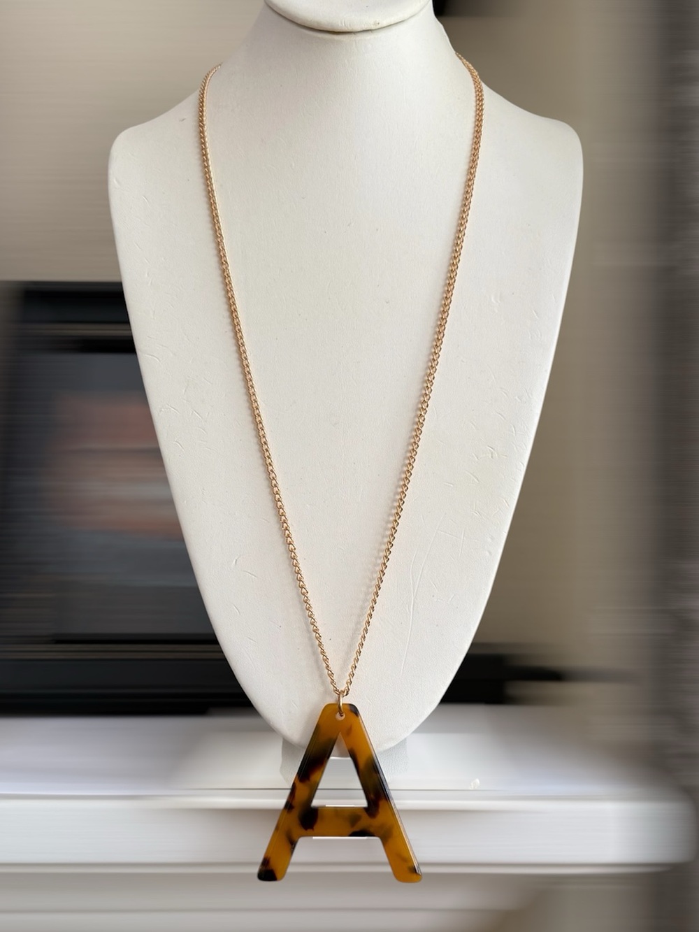 Tortoiseshell Acrylic Letter A Pendant Gold Plated Stainless Steel Chain - Picture 6 of 8